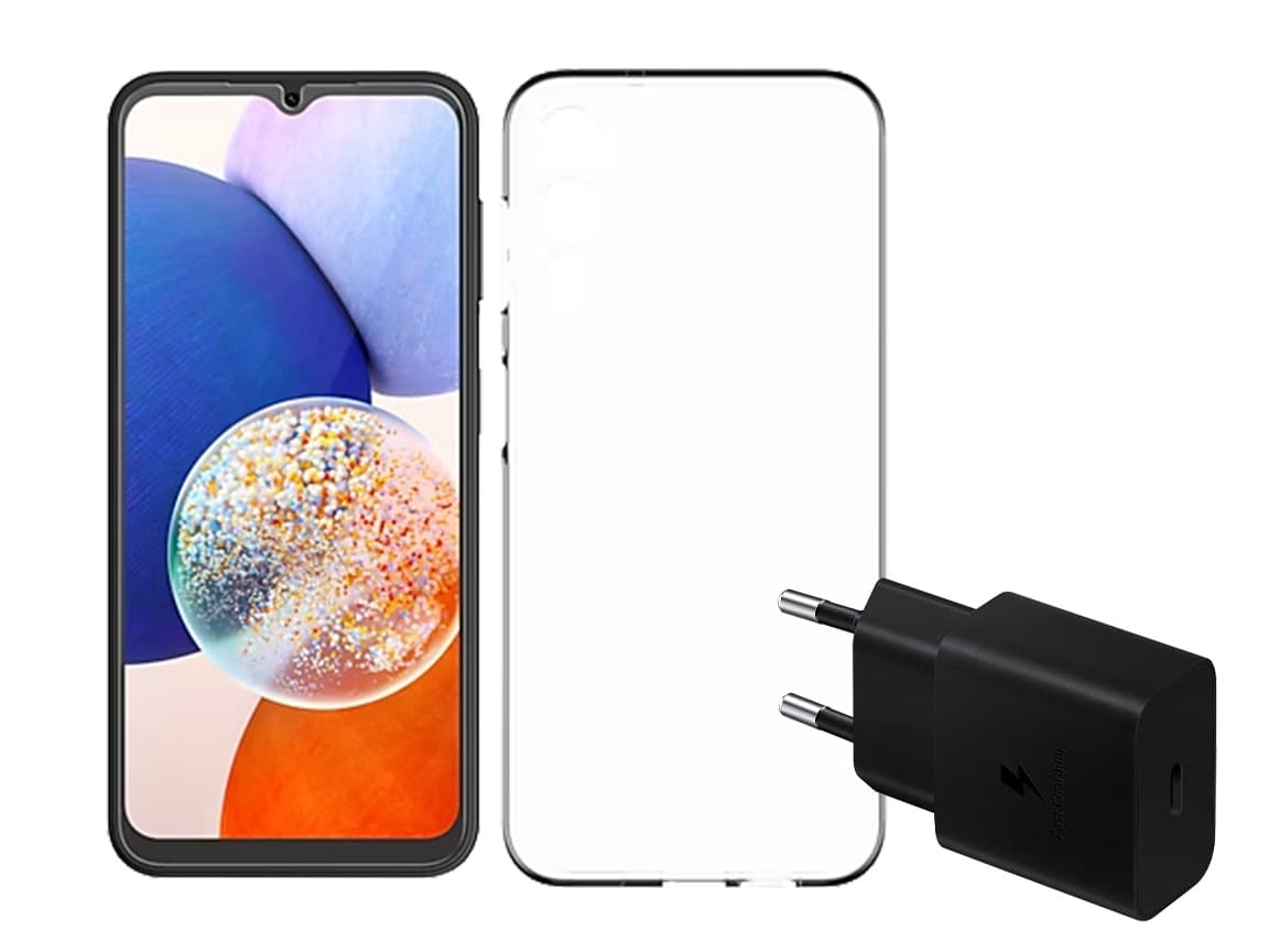 Samsung case+protège-écran+chargeur A14